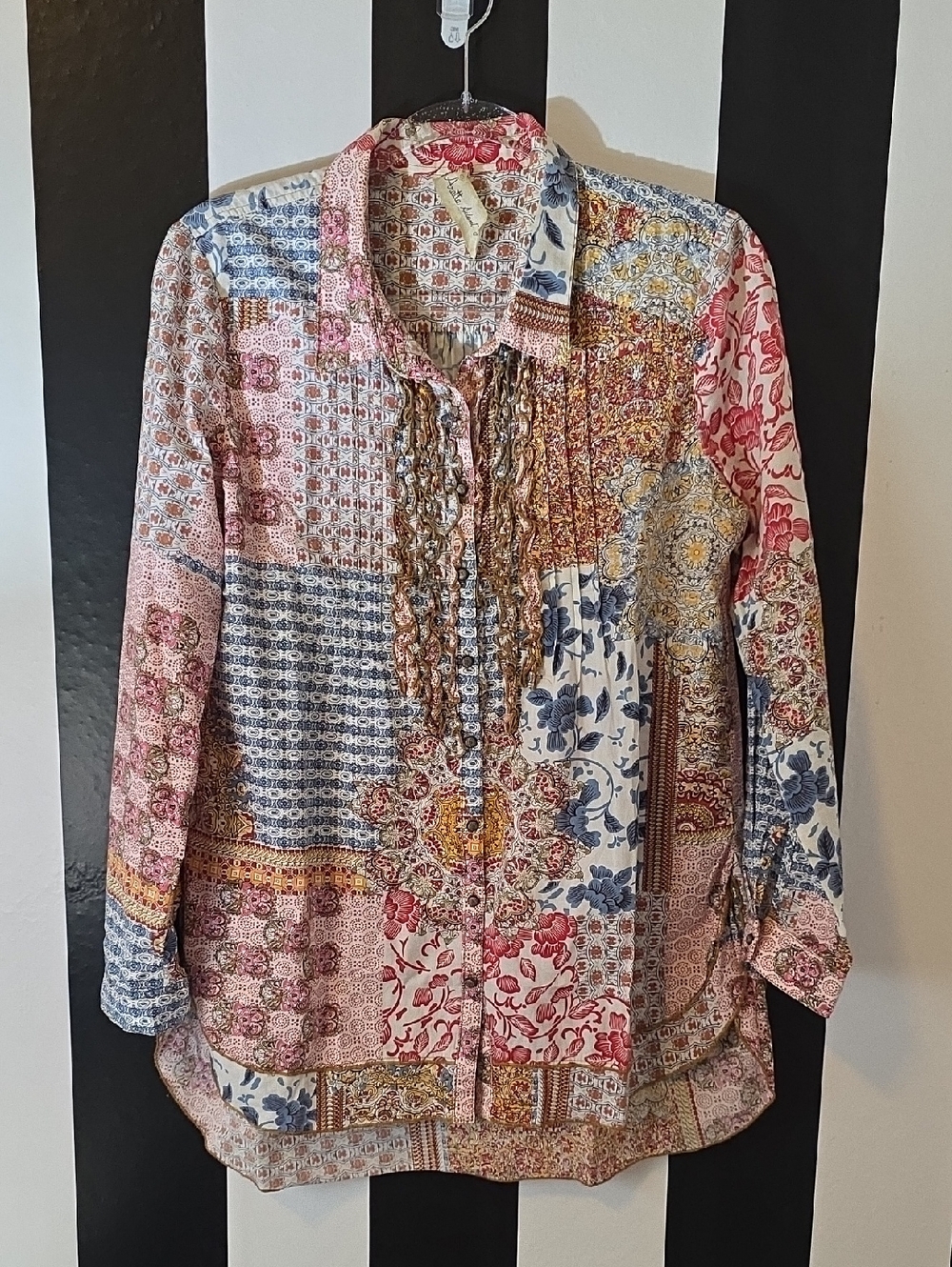 Patchwork Floral Button-Down Shirt in Pink, Blue & Gold by Aratta